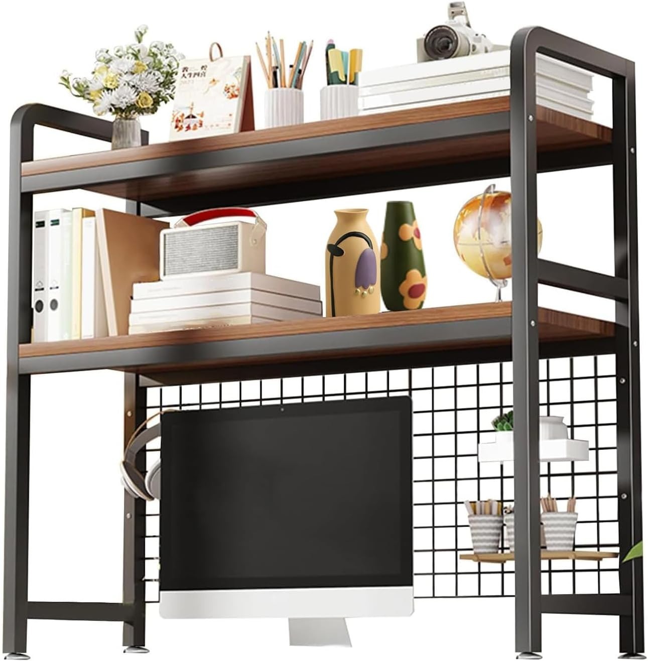 2-Tier Desktop Bookshelf Hutch Metal/Wood Storage Rack Heavy Duty 135cm Black
