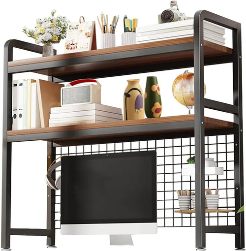 2-Tier Desktop Bookshelf Hutch Metal/Wood Storage Rack Heavy Duty 135cm Black