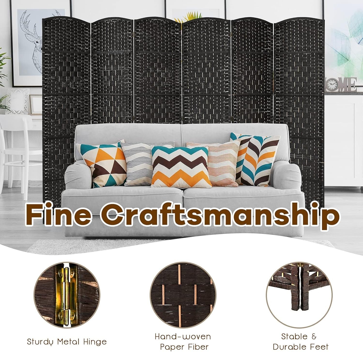 6 Panel Black Wicker Folding Room Divider Privacy Screen for Living Room Office