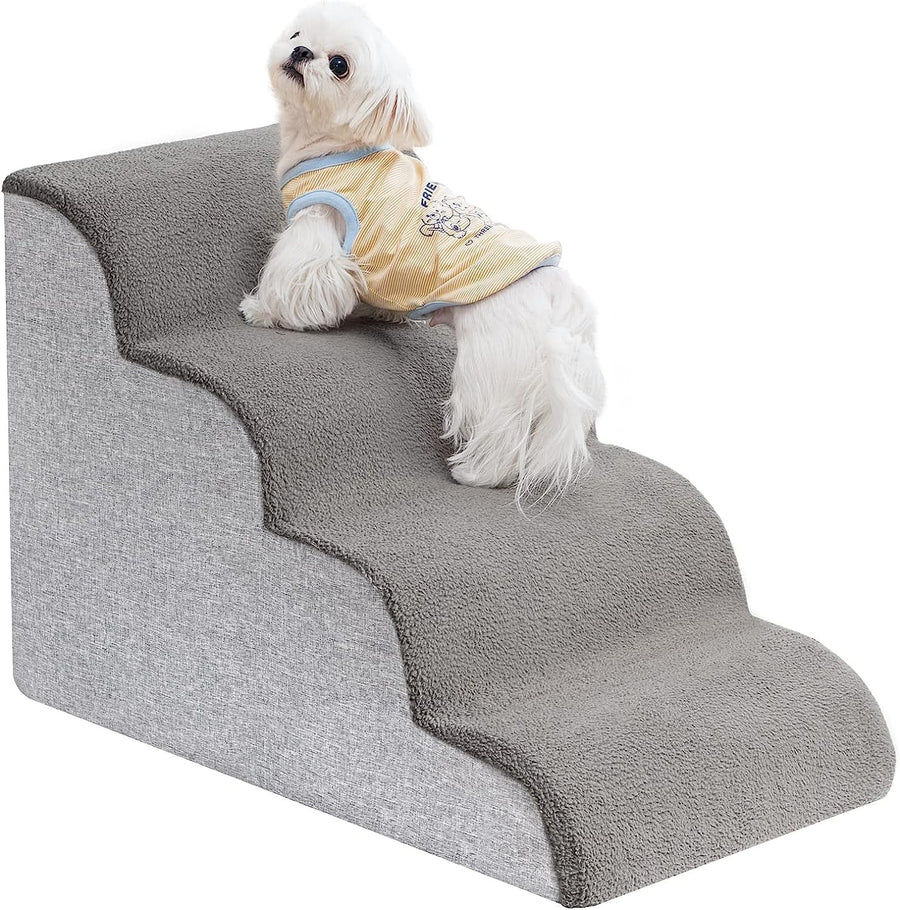 4 Tier Dog Stairs for Bed Non Slip Foam Pet Ramp Grey