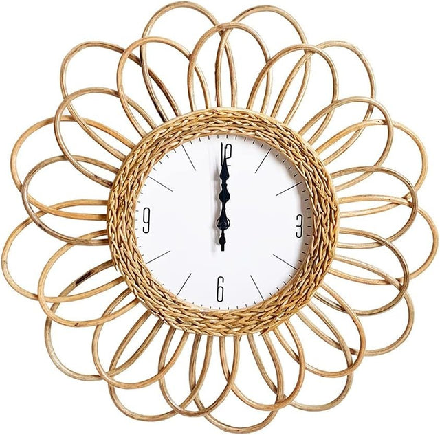 Vintage Rattan Wall Clock Natural Woven Flower Design Silent Home Decor
