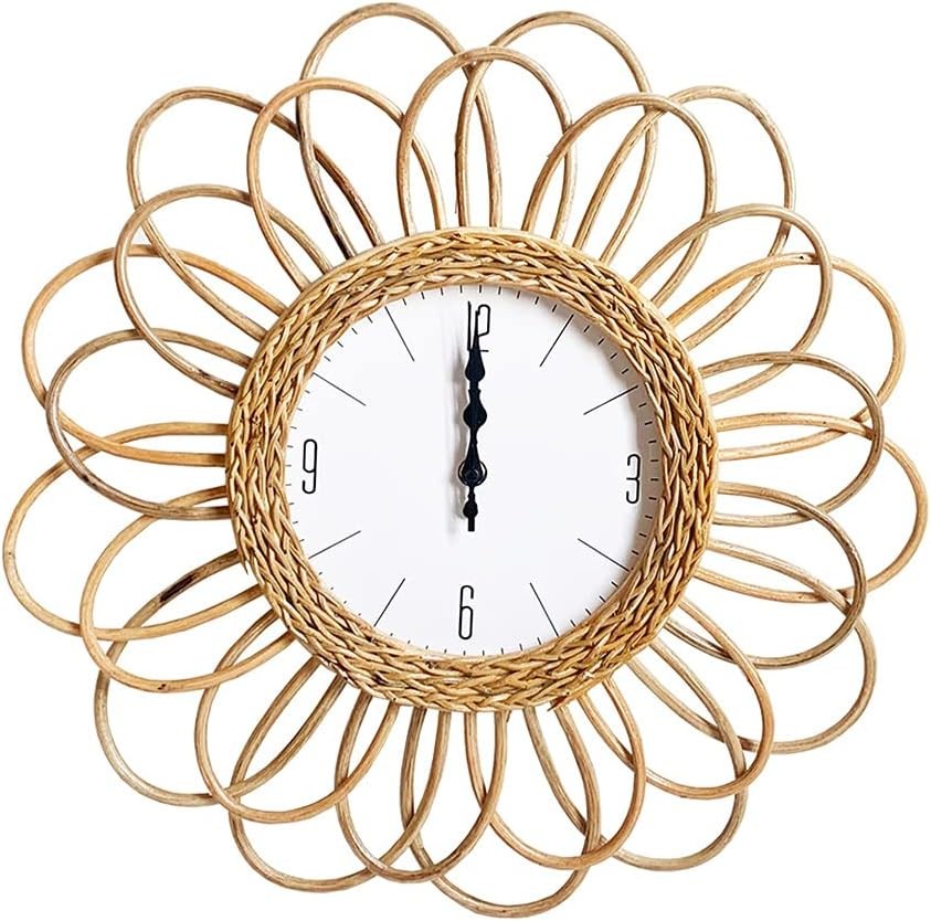 Vintage Rattan Wall Clock Natural Woven Flower Design Silent Home Decor