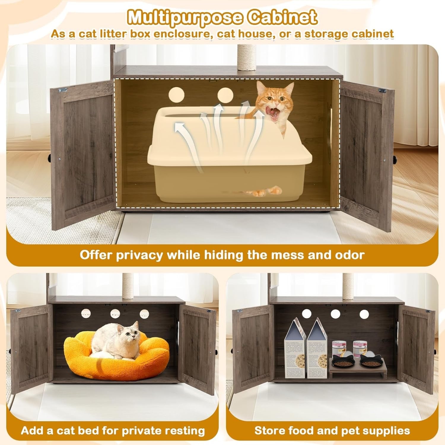Cat Tree with Hidden Litter Box Cabinet 2 in 1 Scratching Post Condo