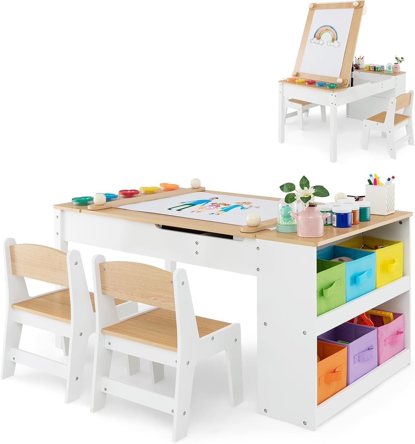 Wooden Kids Art Table & Chair Set w/ Easel, Storage Bins & Paint Cups 109cm