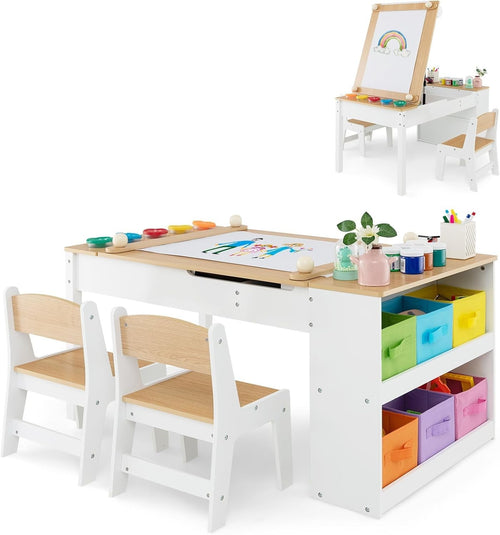 Wooden Kids Art Table & Chair Set w/ Easel, Storage Bins & Paint Cups 109cm