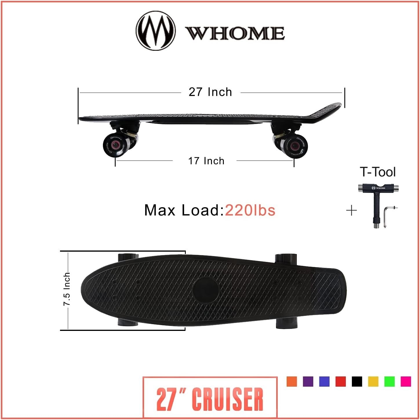 27" Cruiser Skateboard Black Plastic Deck ABEC-9 Bearings