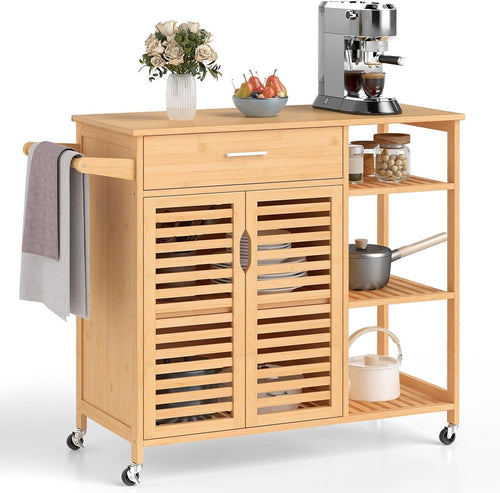 Bamboo Kitchen Island Cart Rolling Trolley Drawer Cabinet Shelves