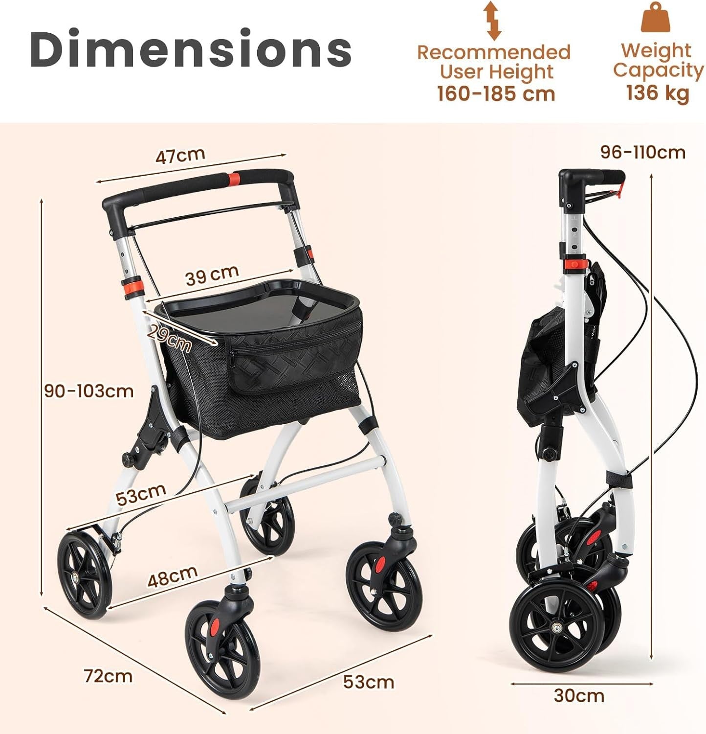 Lightweight Folding Rollator Walker 4 Wheel Basket Brakes Narrow White