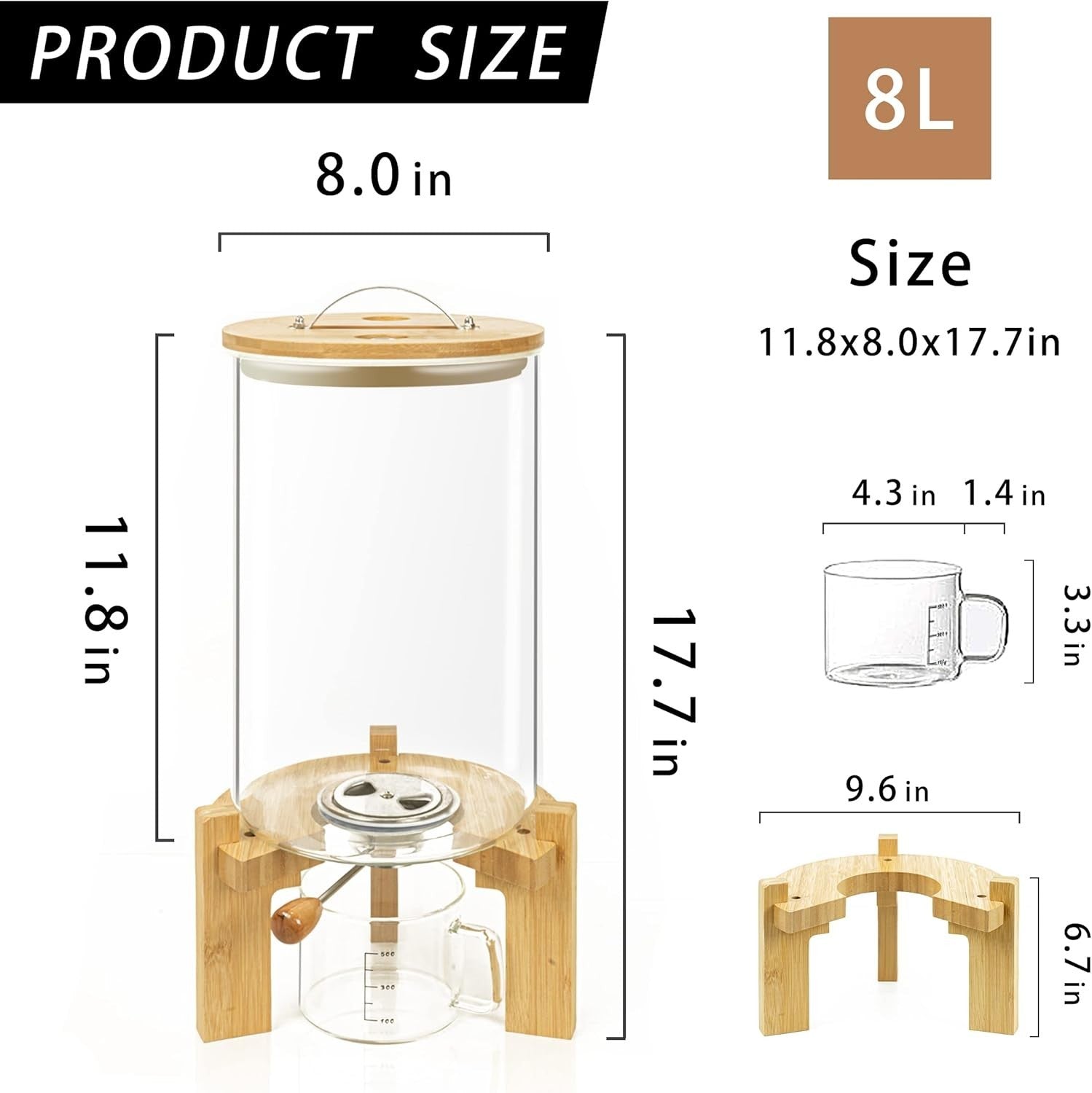 Glass Rice Dispenser 8L Airtight Grain Storage Jar Bamboo Stand Bin