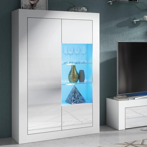 White LED Display Cabinet Gloss Sideboard Modern Storage 140cm Shelves