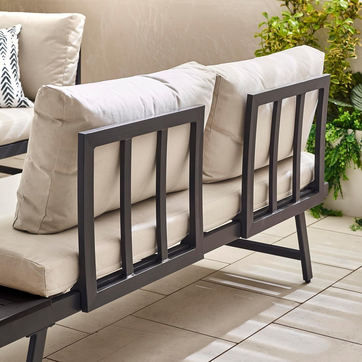 2-Seater Modular Garden Sofa Set Grey Metal & Rattan Outdoor Lounge Table