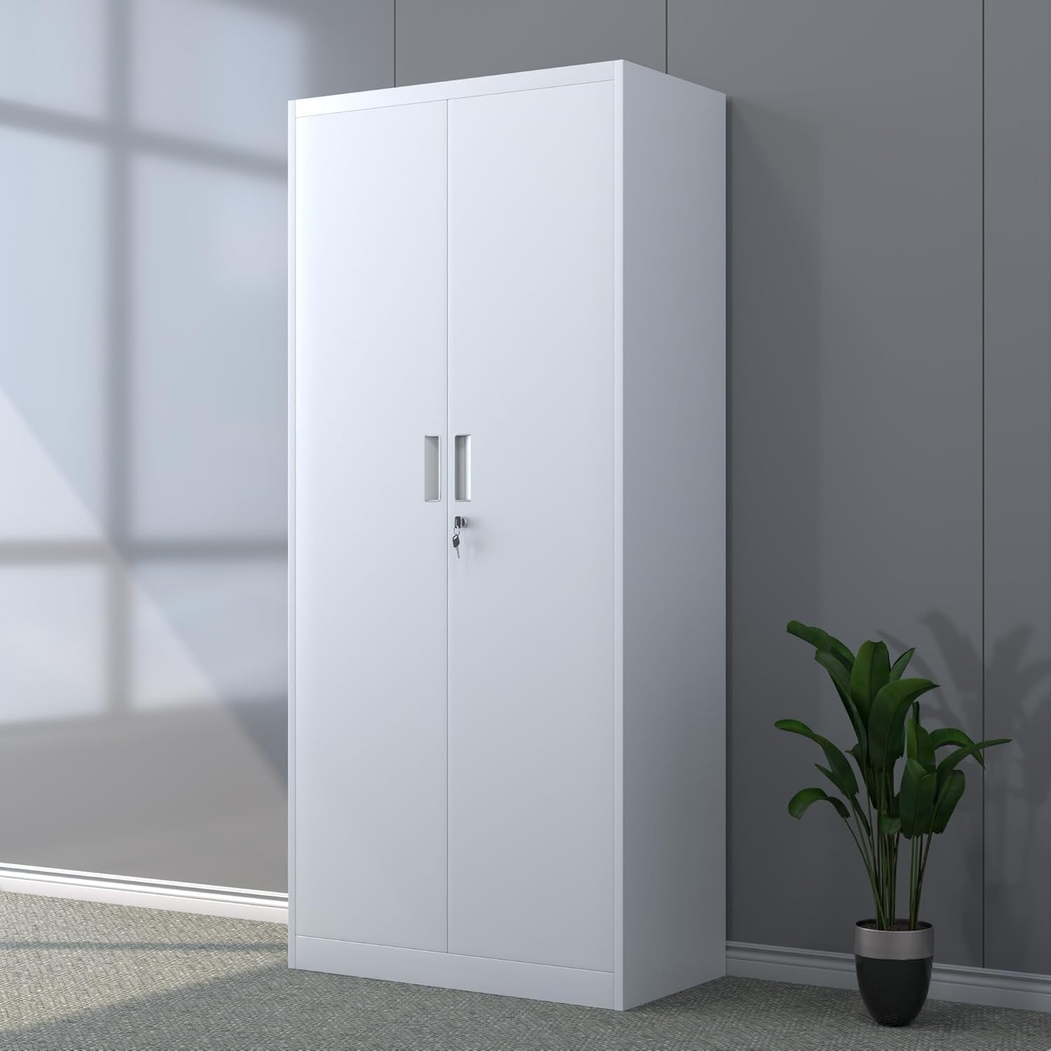 Tall White Metal Storage Cabinet with Lockable Doors & 4 Adjustable Shelves