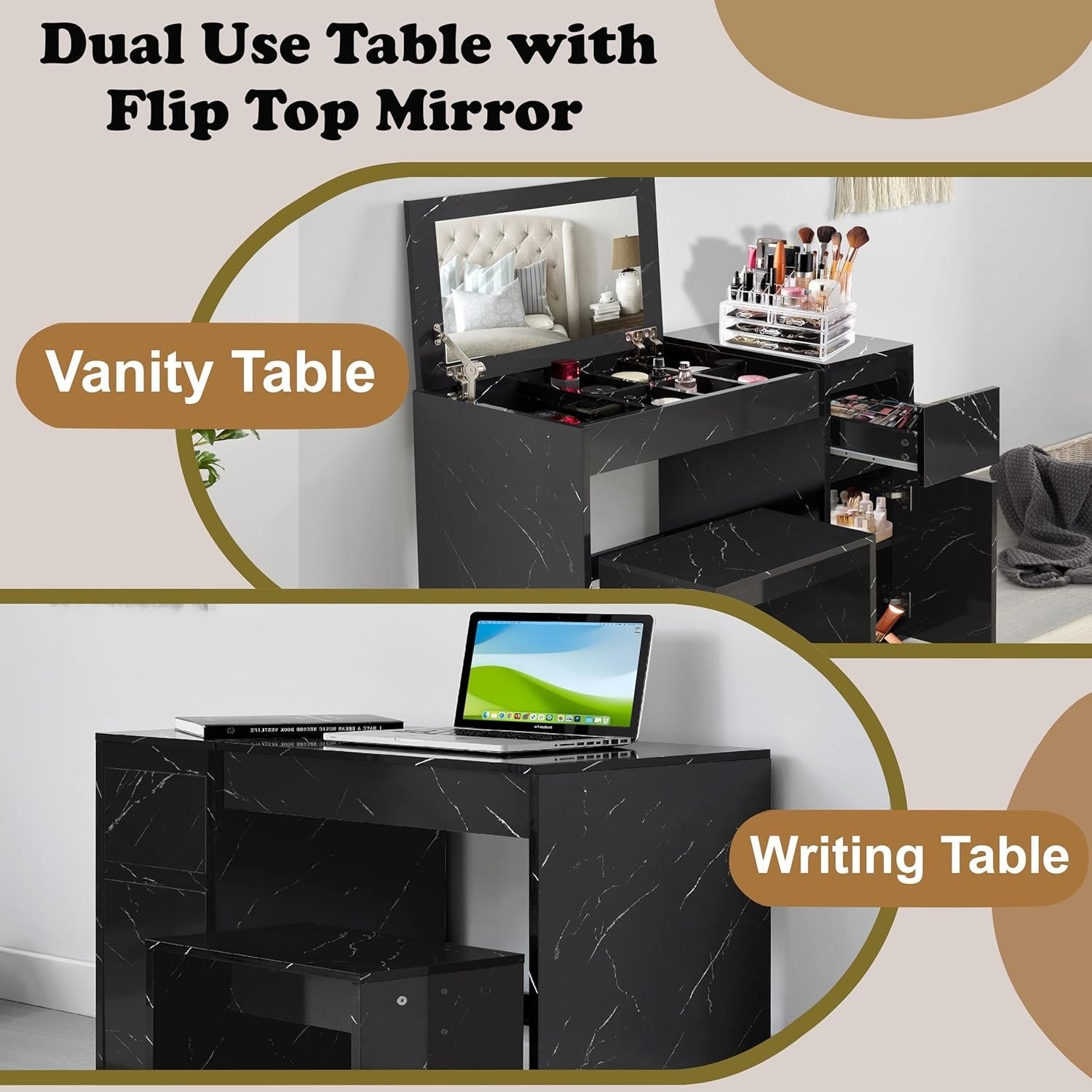 2-in-1 Vanity Desk Makeup Table Flip Mirror Storage Stool Black Marble Wood