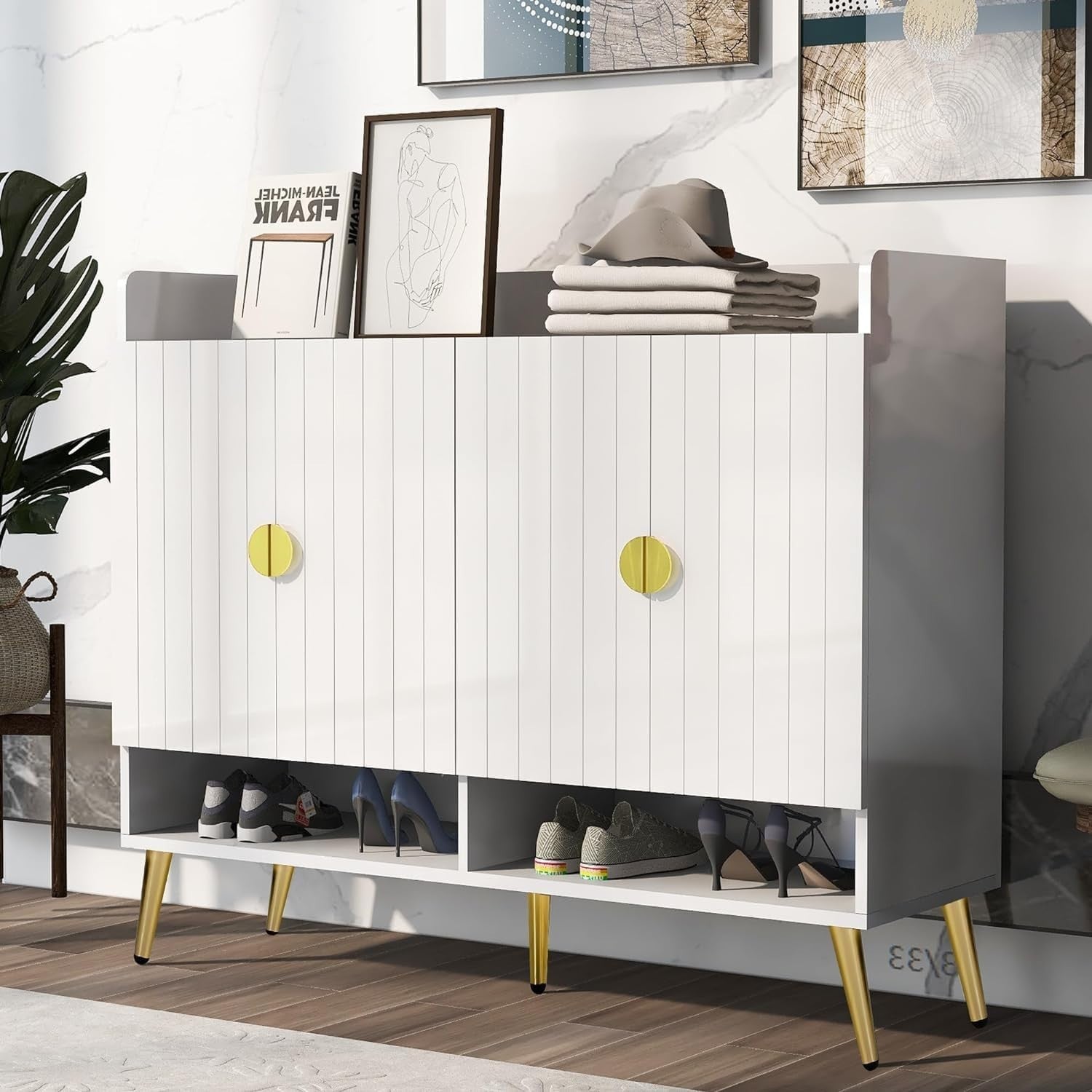 White Modern Shoe Cabinet Storage with Doors – 11 Shelf Hallway Organizer
