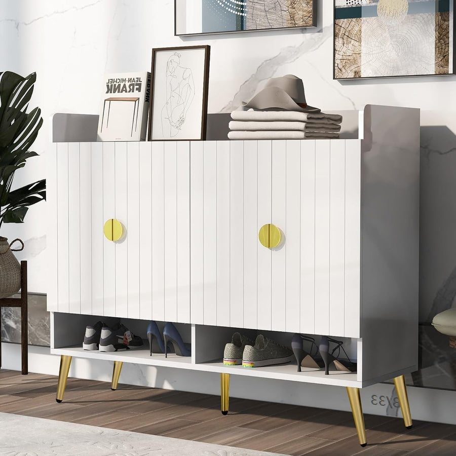 White Modern Shoe Cabinet Storage with Doors – 11 Shelf Hallway Organizer