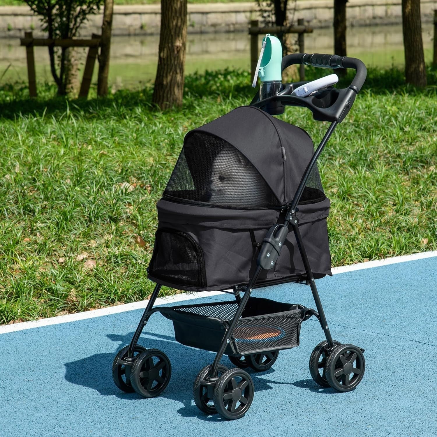 Foldable Dog Stroller Pet Pushchair 4 Wheels Safety Leashes Black