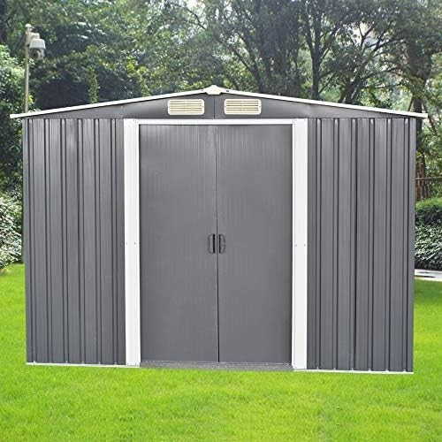 8x6FT Metal Garden Shed Outdoor Storage with Apex Roof & Lockable Double Doors