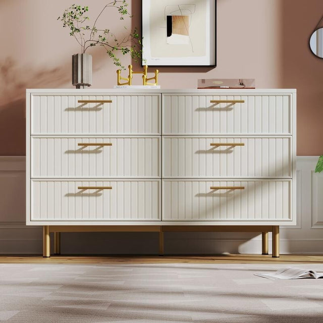 White 6 Drawer Sideboard Chest Gold Handles, Modern Cabinet Storage 120cm