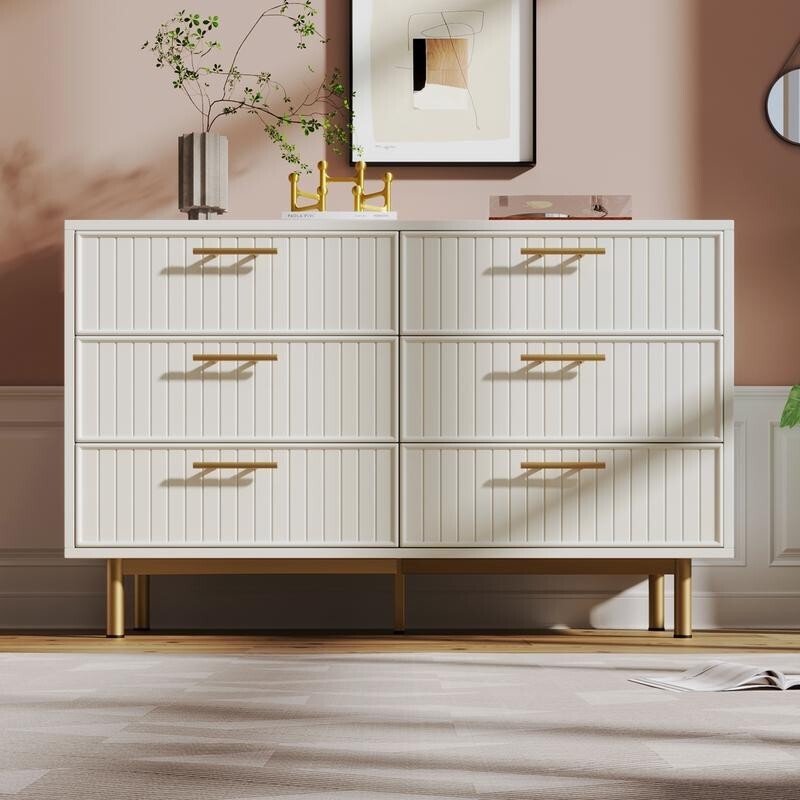 White 6 Drawer Sideboard Chest Gold Handles, Modern Cabinet Storage 120cm