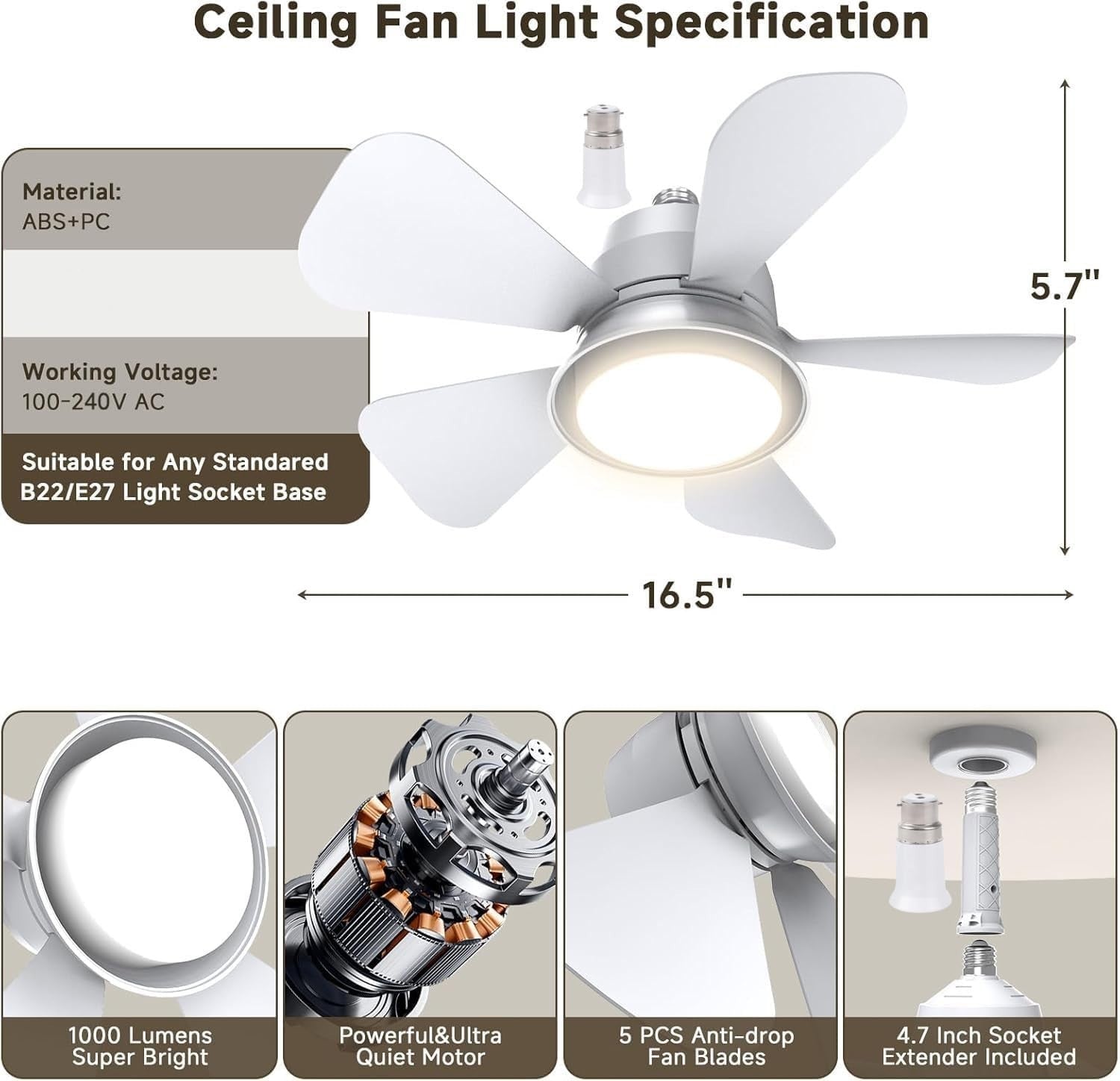 Ceiling Fan LED Light, E27/B22d Base, 3 Speeds, Dimmable, Remote Control
