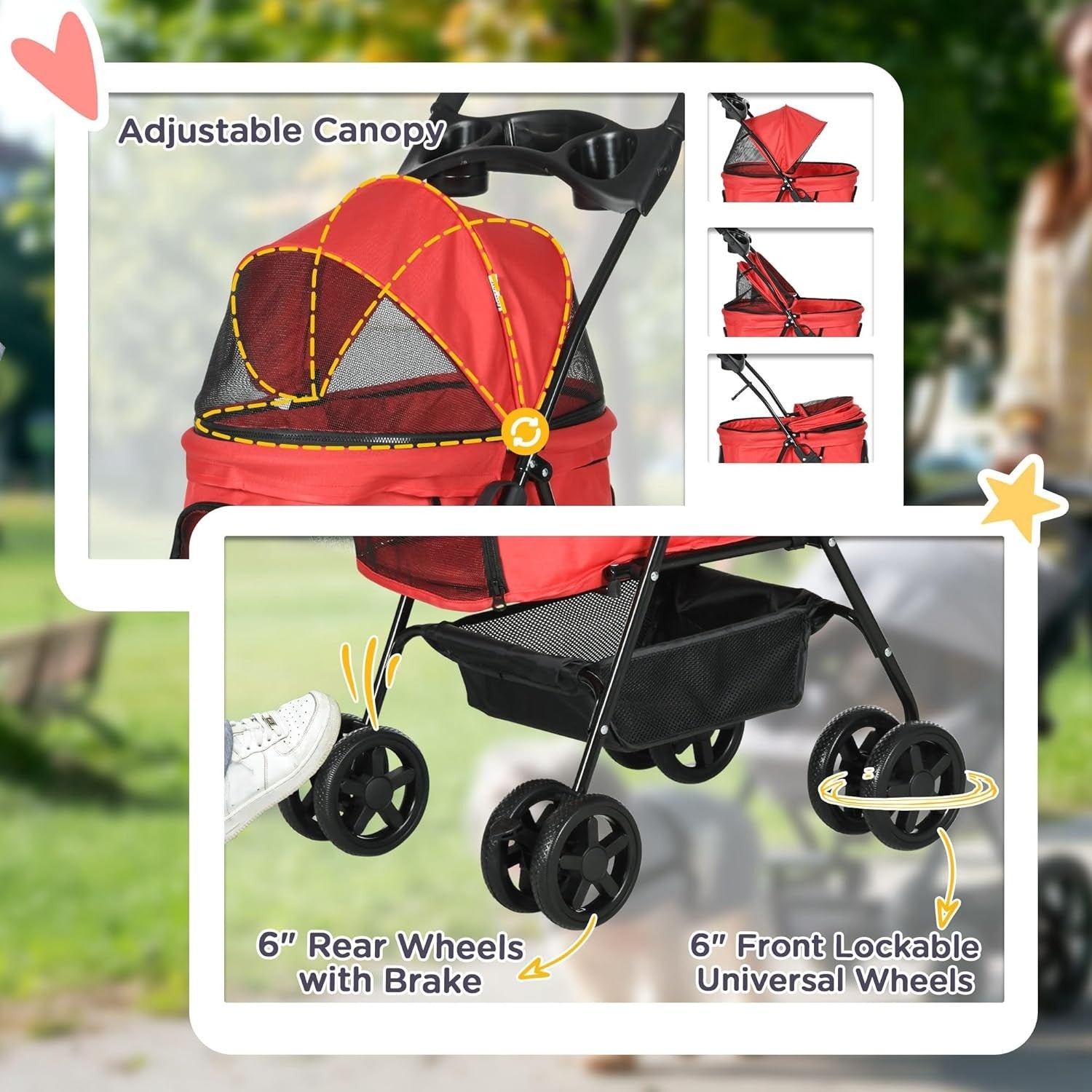 Pet Travel Stroller Dog Pushchair Foldable with Brake Basket Canopy Red