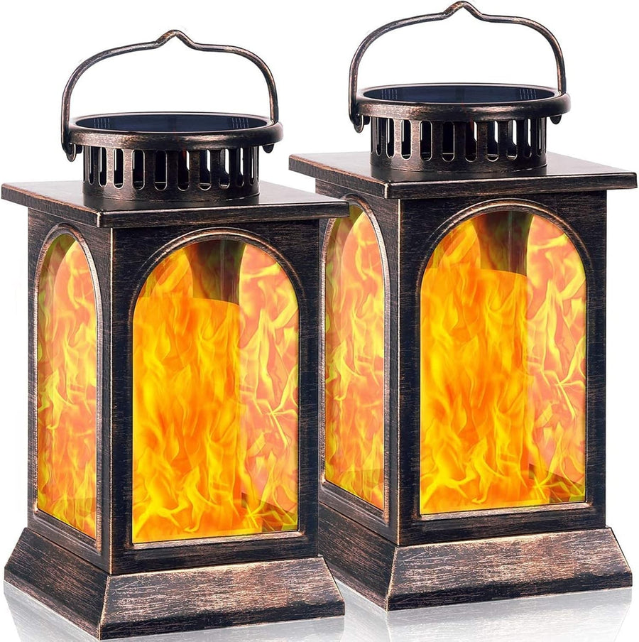 2-Pack Solar Flickering Flame Metal Lanterns Bronze Outdoor Garden Light