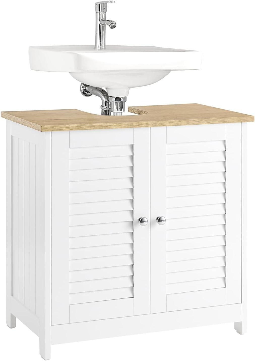 White & Natural Under Sink Bathroom Cabinet – 2 Door Vanity Unit 60x35x59cm