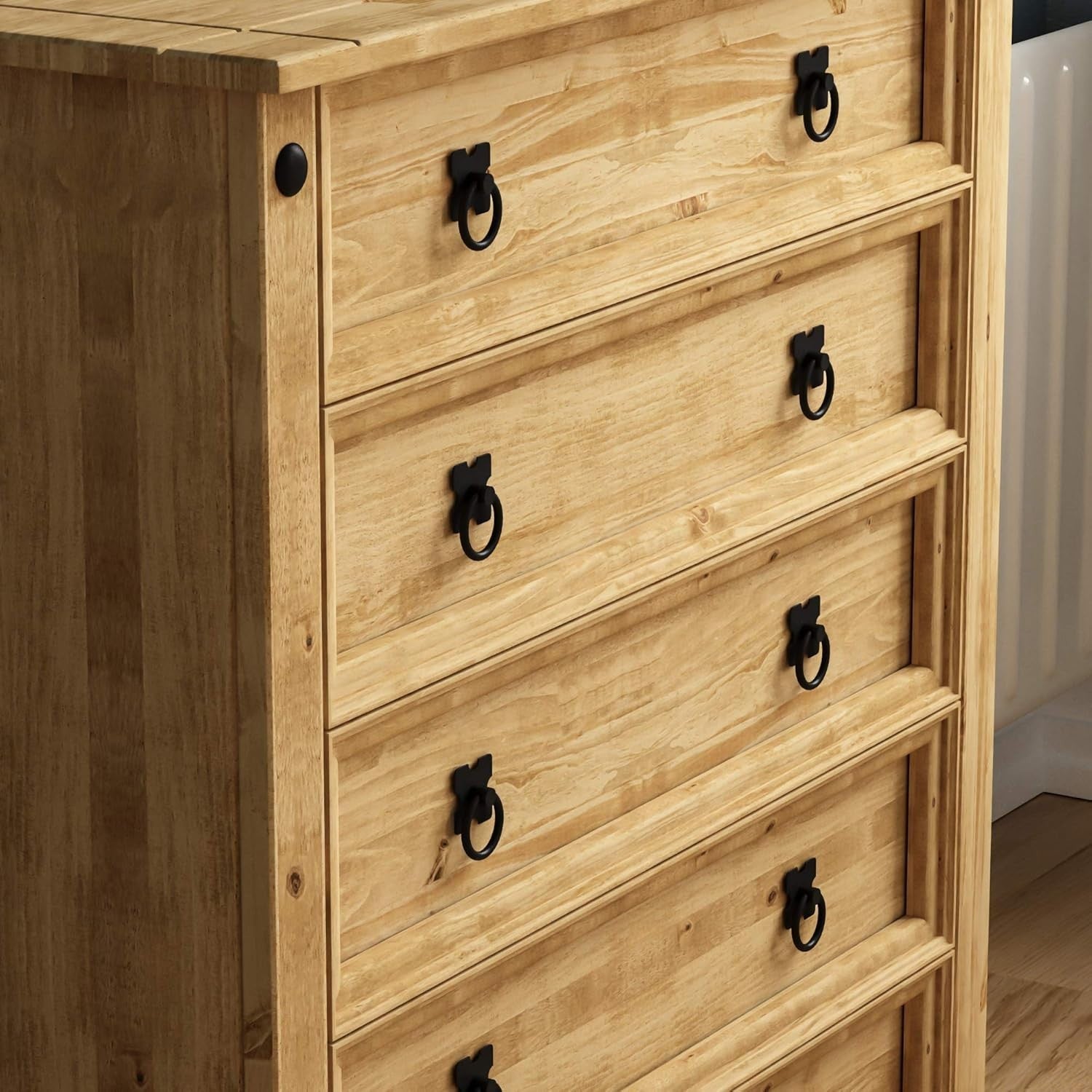 5 Drawer Solid Pine Chest | Rustic Wax Finish | Wooden Bedroom Storage