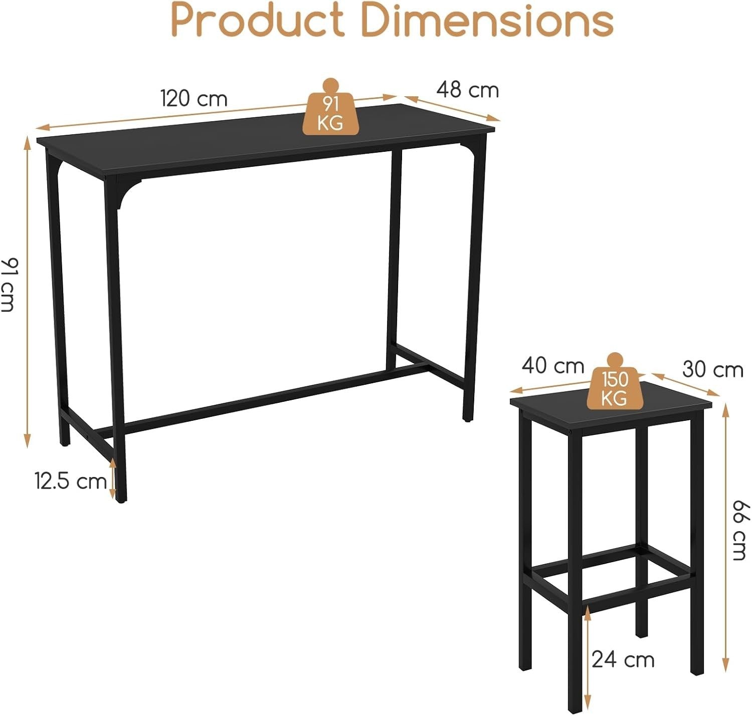 3-Piece Black Bar Table Set with 2 Stools, Metal Frame Space Saving Dining Set