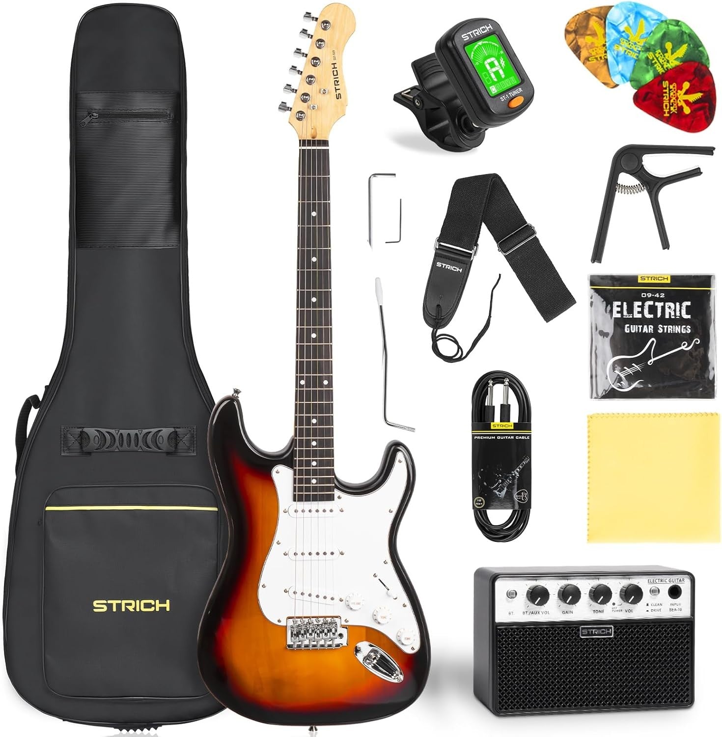 39" Electric Guitar Starter Kit SSS Full Size with 10W Amp Sunburst