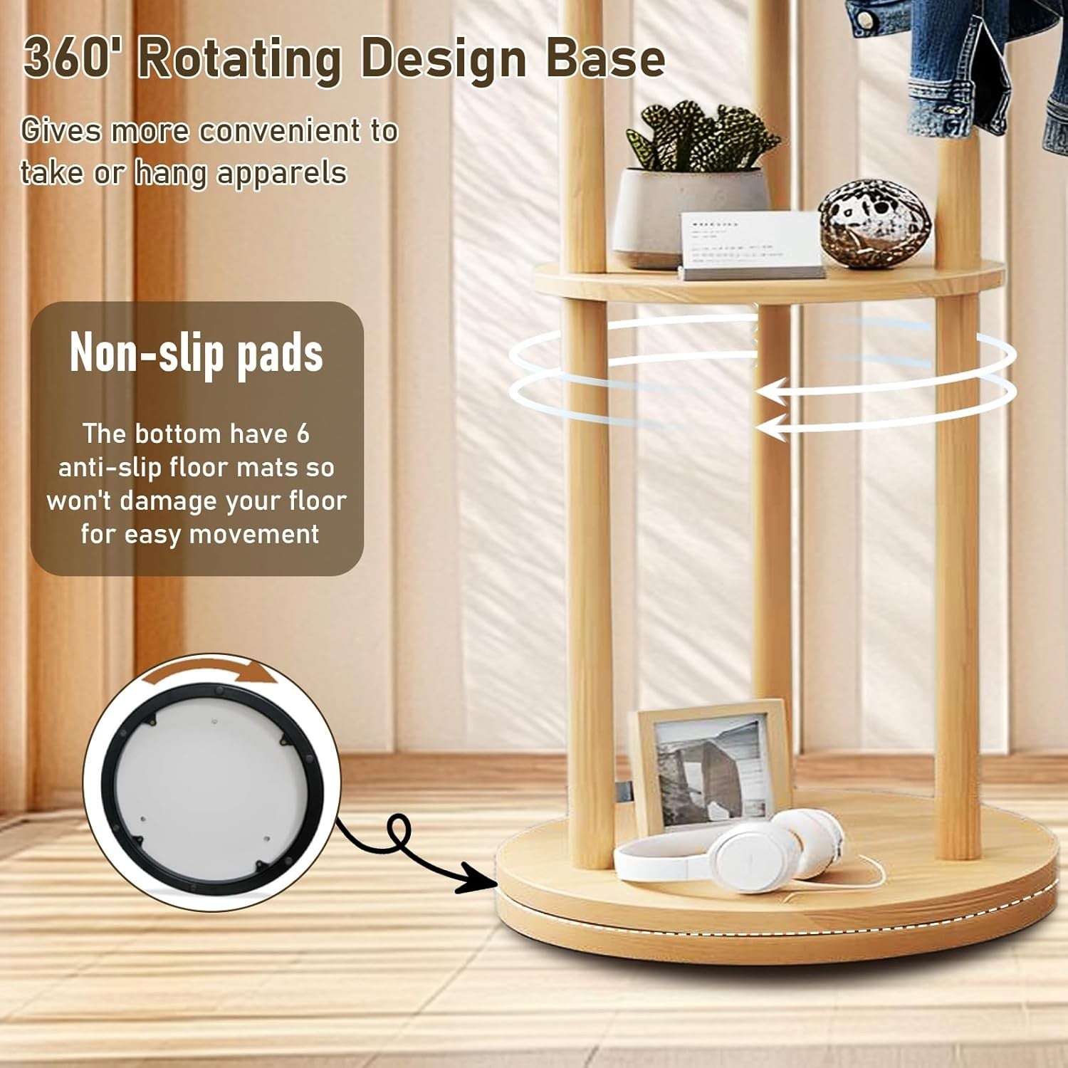 Wooden Coat Rack Stand with 8 Hooks & 3 Shelves | Freestanding Hall Tree