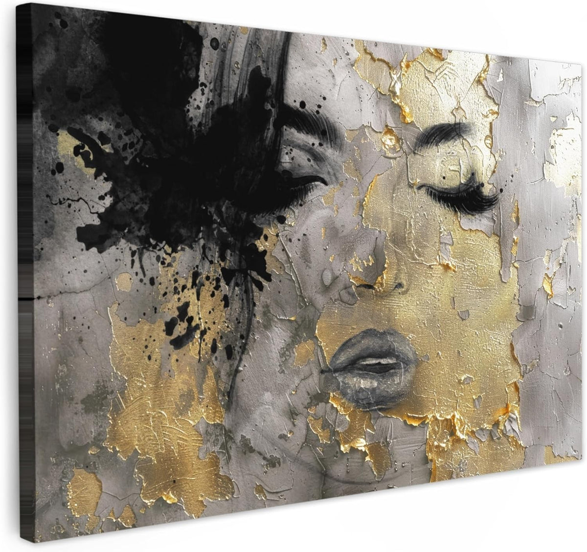 Large Framed Canvas Wall Art 60x40cm Gold Black Abstract Woman
