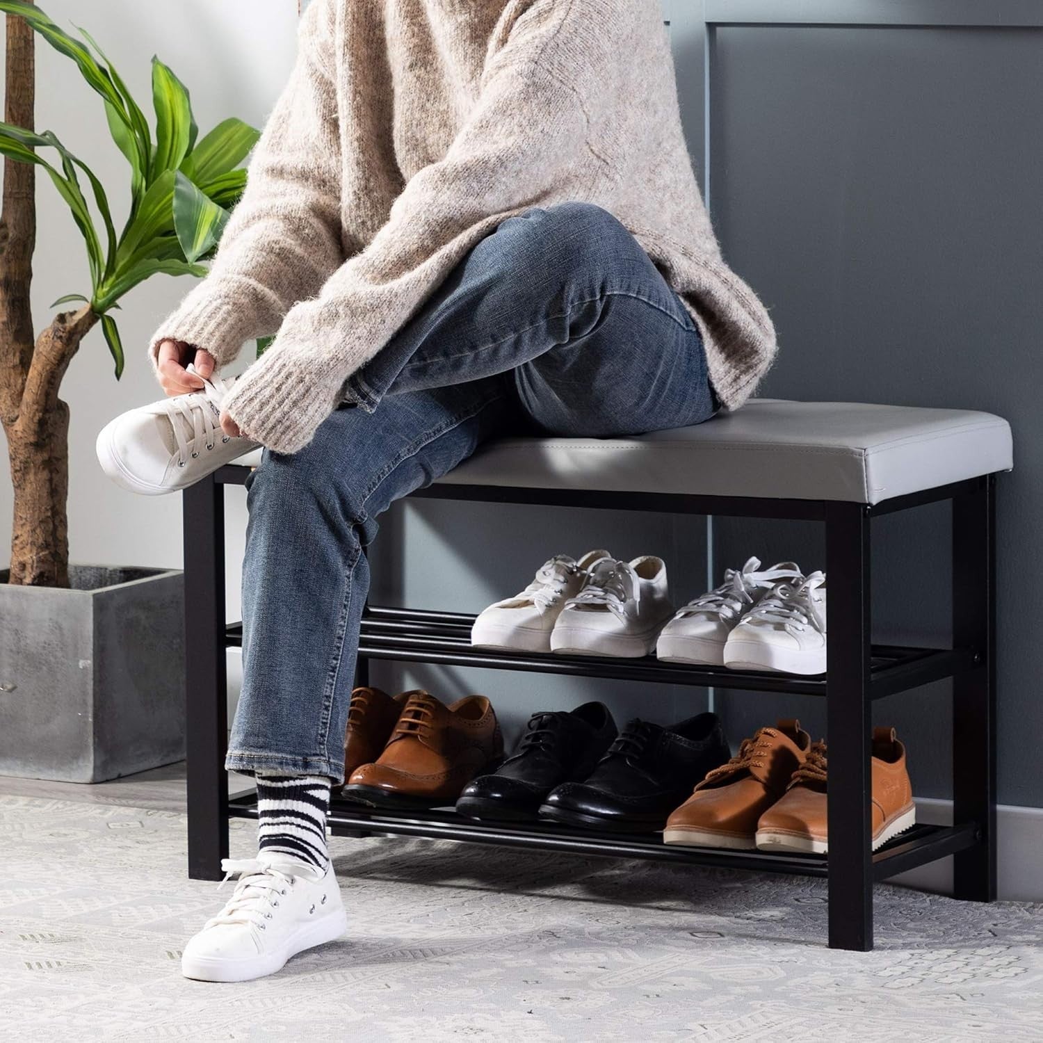 Light Grey Faux Leather Shoe Storage Bench – 3-Tier Hallway Seat Rack