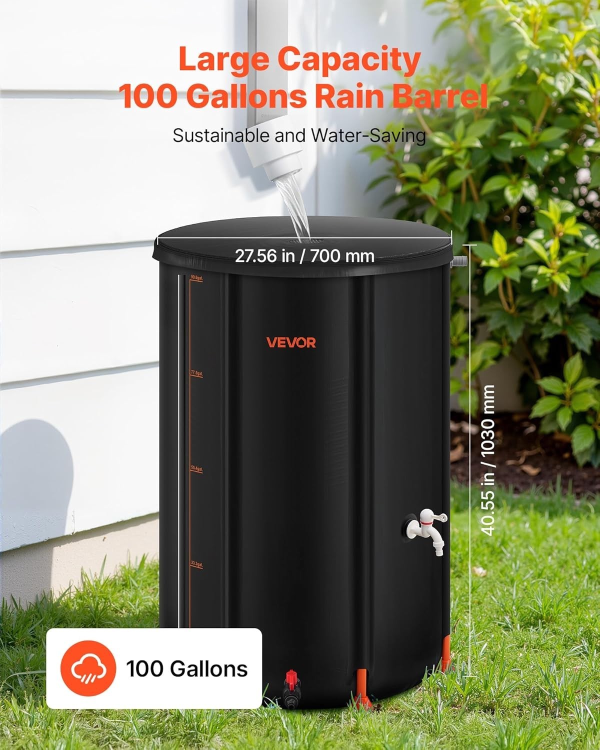 380L Collapsible Rain Barrel With Spigot Overflow Kit Black Garden Water Catcher