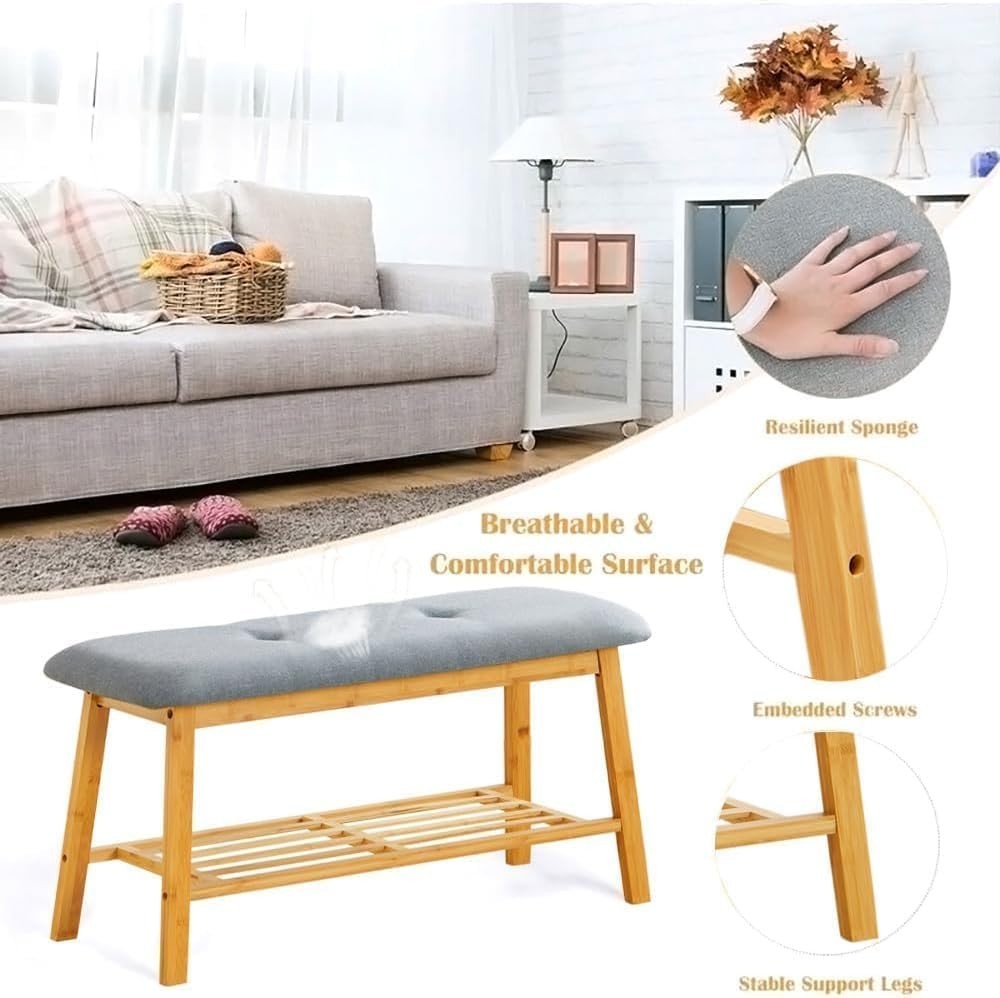 2-Tier Bamboo Shoe Rack Bench with Linen Padded Seat & Storage Grey