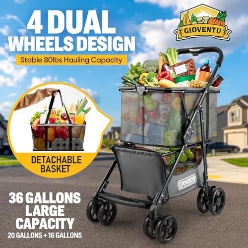 Folding Shopping Cart 80lb Capacity Collapsible Grocery Trolley Swivel Wheels