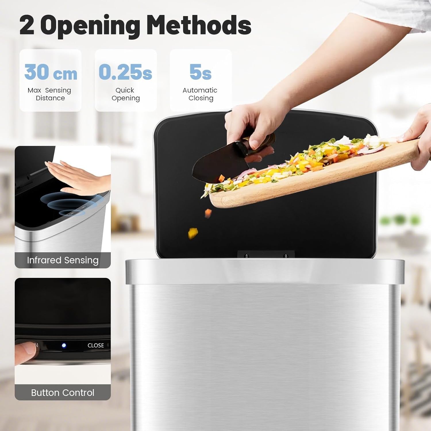 50L Automatic Sensor Kitchen Bin Stainless Steel Soft Close Lid