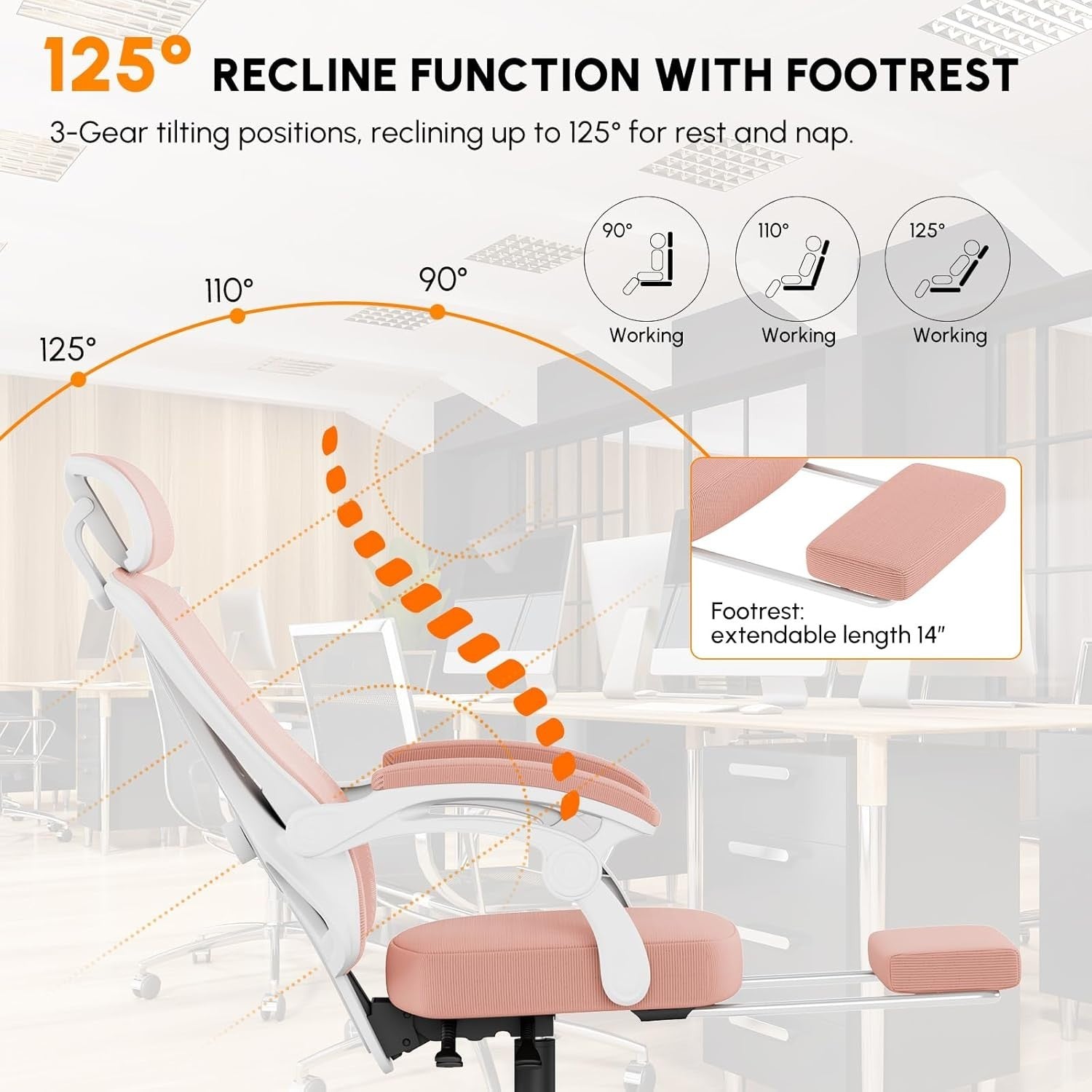 Ergonomic Office Chair Mesh Pink Gaming Desk Chair Retractable Footrest