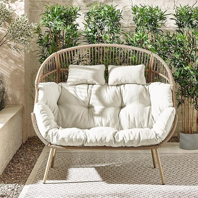 Outdoor Rattan Double Egg Chair 2 Seat Garden Swing Cream Cushions Cover