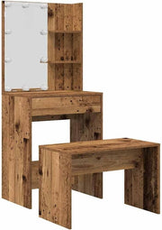 LED Vanity Set Dressing Table Mirror Stool Old Wood Makeup Desk Storage Drawers