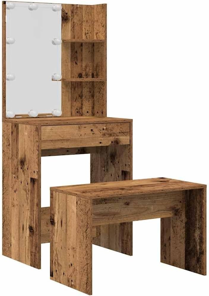LED Vanity Set Dressing Table Mirror Stool Old Wood Makeup Desk Storage Drawers