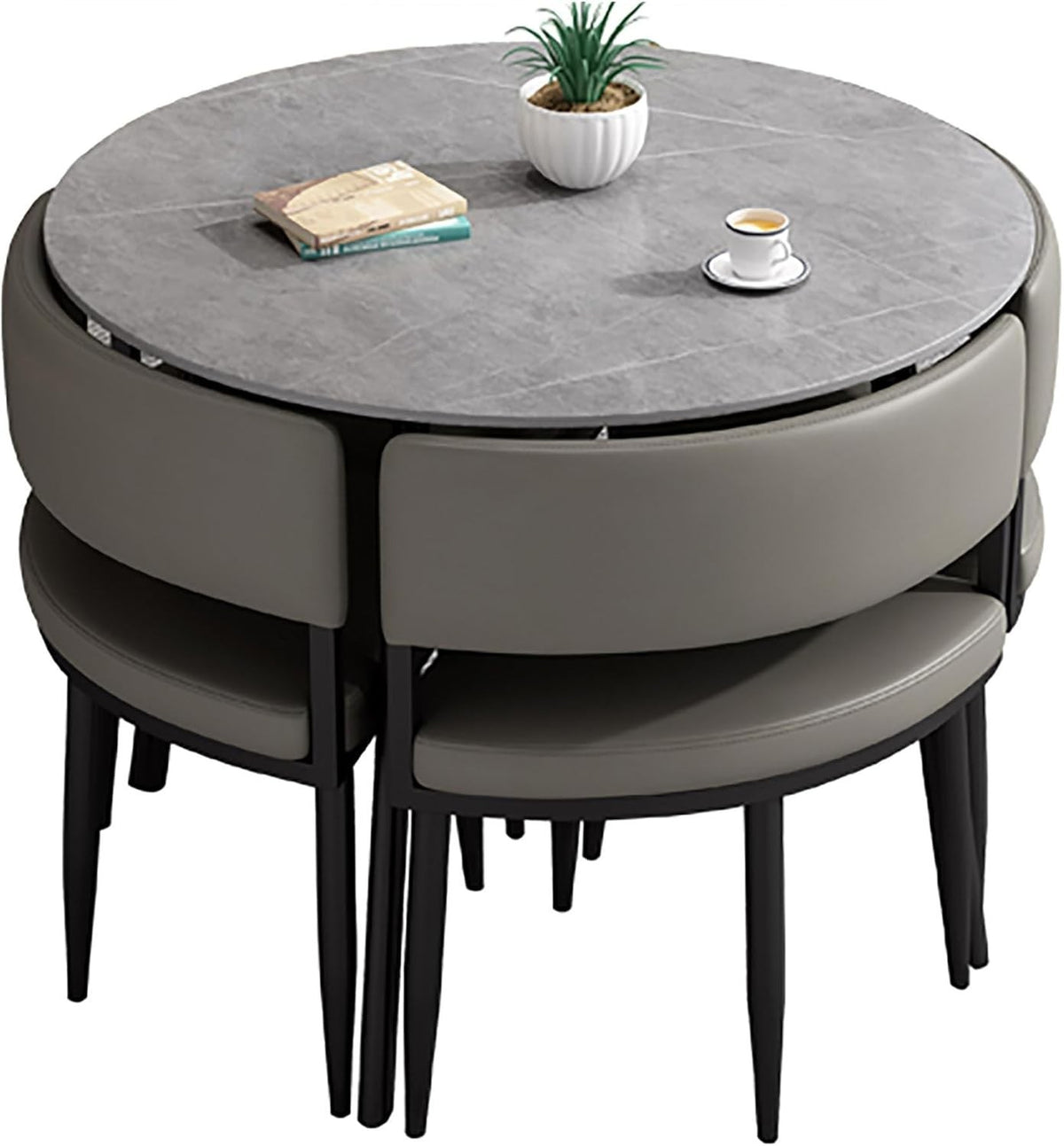 Round 5-Piece Slate Dining Table Set for 4 – Modern Compact Space-Saving Set