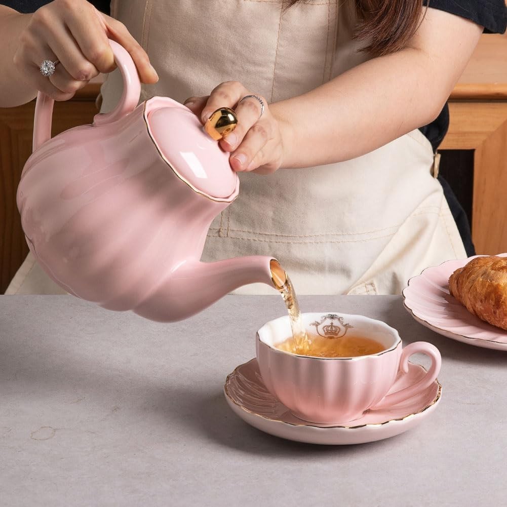Ceramic Teapot 1100ml Pink Tea Pot w/ Stainless Infuser 5-6 Cups