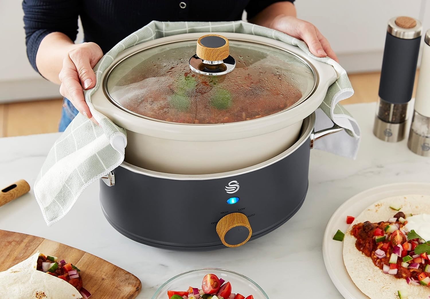 3.5L Ceramic Slow Cooker 3 Temp Settings Warm Function Non-Stick Pot Grey