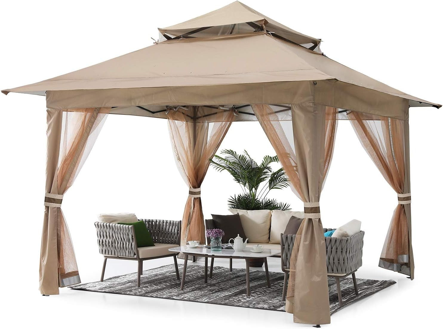 3.6x3.6M Khaki Pop Up Gazebo With Mesh Walls Outdoor Canopy Tent