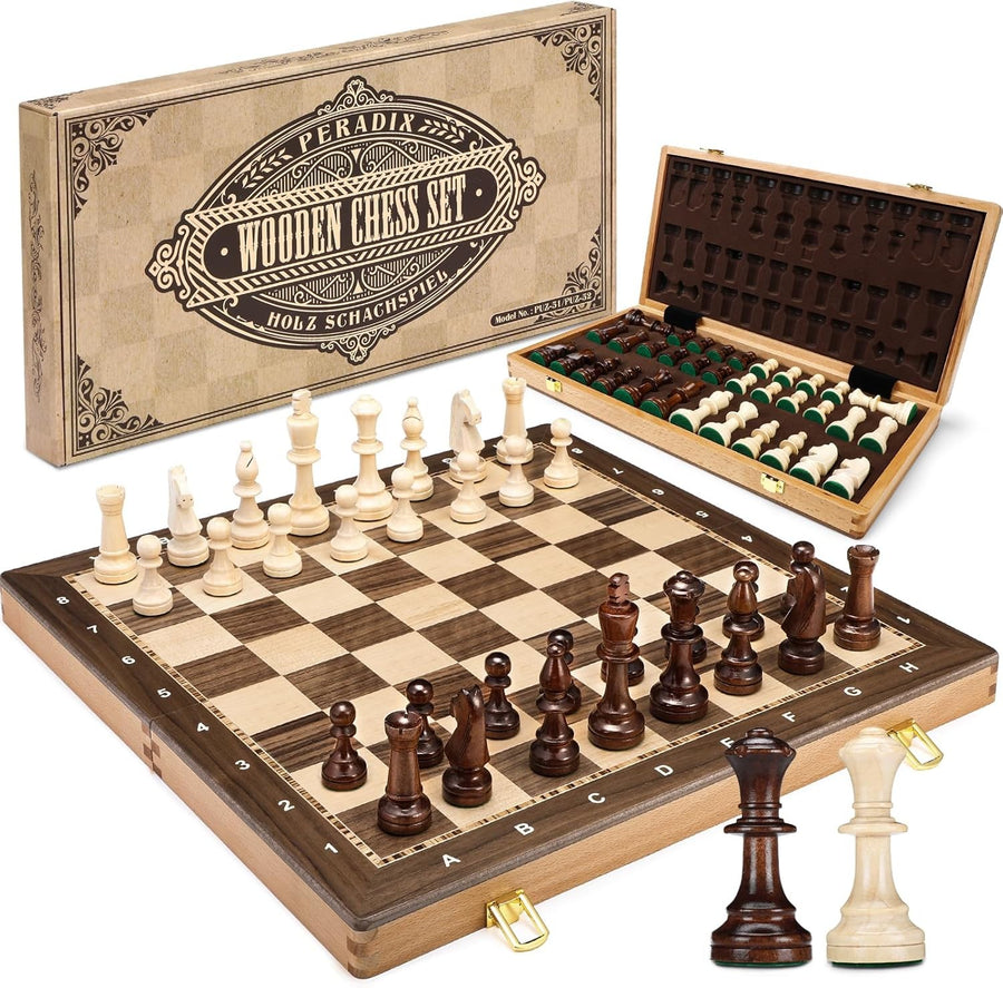 Large 19" Wooden Chess Set Foldable Tournament Board Weighted Pieces Extra Queen