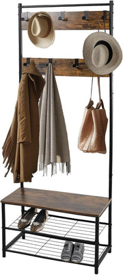 Rustic Brown Coat Rack with Shoe Storage | Industrial Freestanding Hall Tree