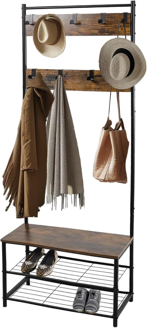 Rustic Brown Coat Rack with Shoe Storage | Industrial Freestanding Hall Tree