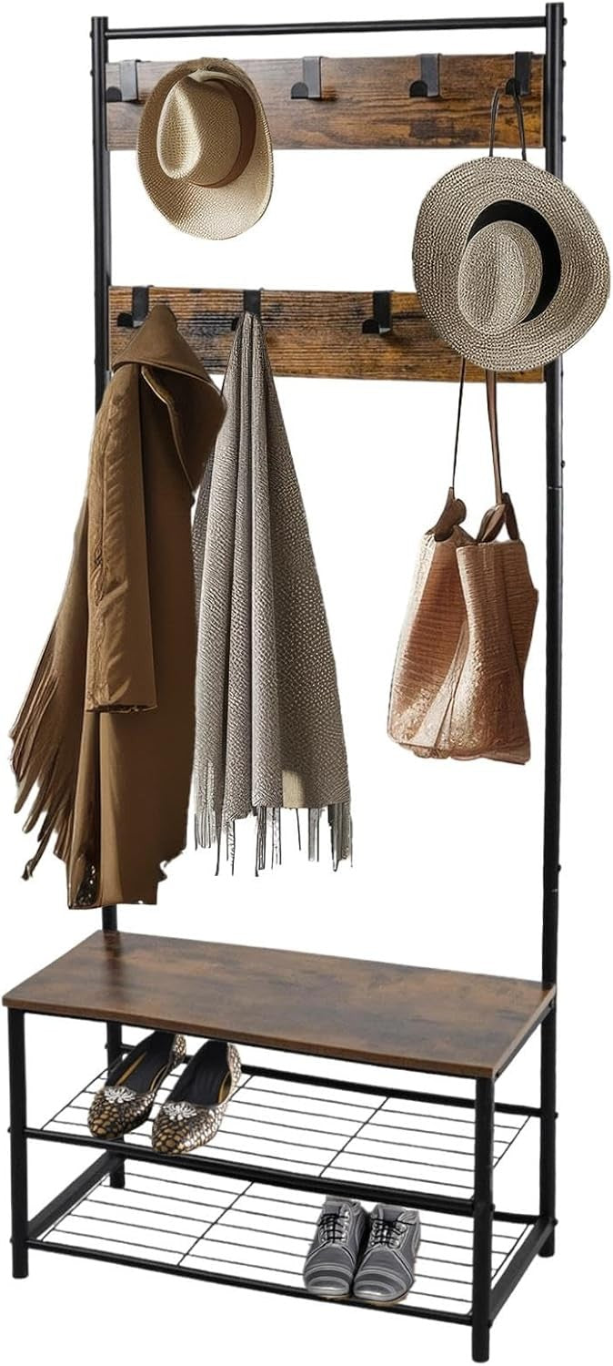 Rustic Brown Coat Rack with Shoe Storage | Industrial Freestanding Hall Tree