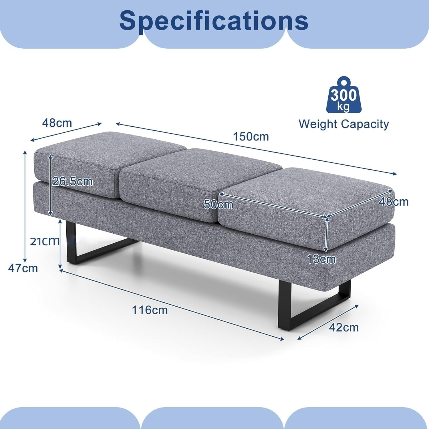 Modern 3 Seater Upholstered Bench Grey Metal Frame Waiting Room Chair Office